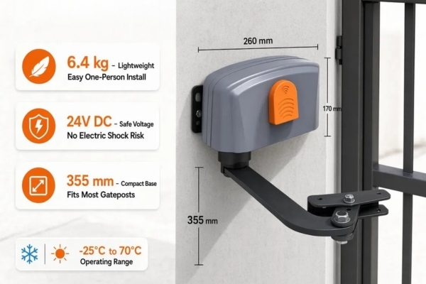6.4 kg. 24V DC. Mounts to Most Gateposts in Hours.